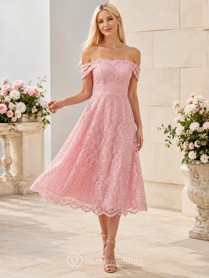 Blush Lace Off-the-shoulder Sleeveless A-Line Tea-length Cocktail Dress