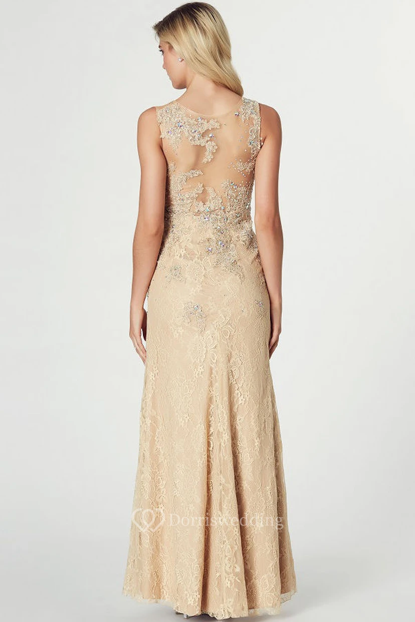 Sheath Sleeveless Split-Front Jewel-Neck Floor-Length Lace Prom Dress With Beading view 2