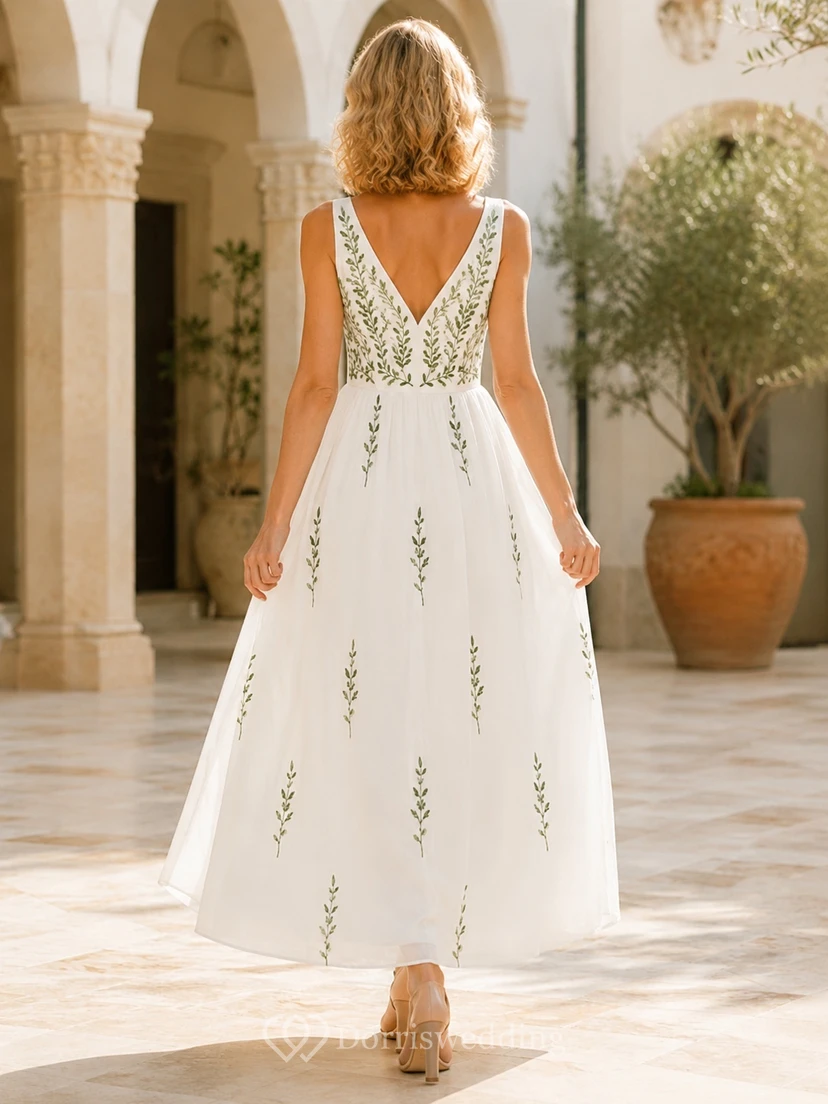 White Green Floral Embroidered V-Neck Chiffon A-Line Ankle-Length Garden Guest Dress view 2
