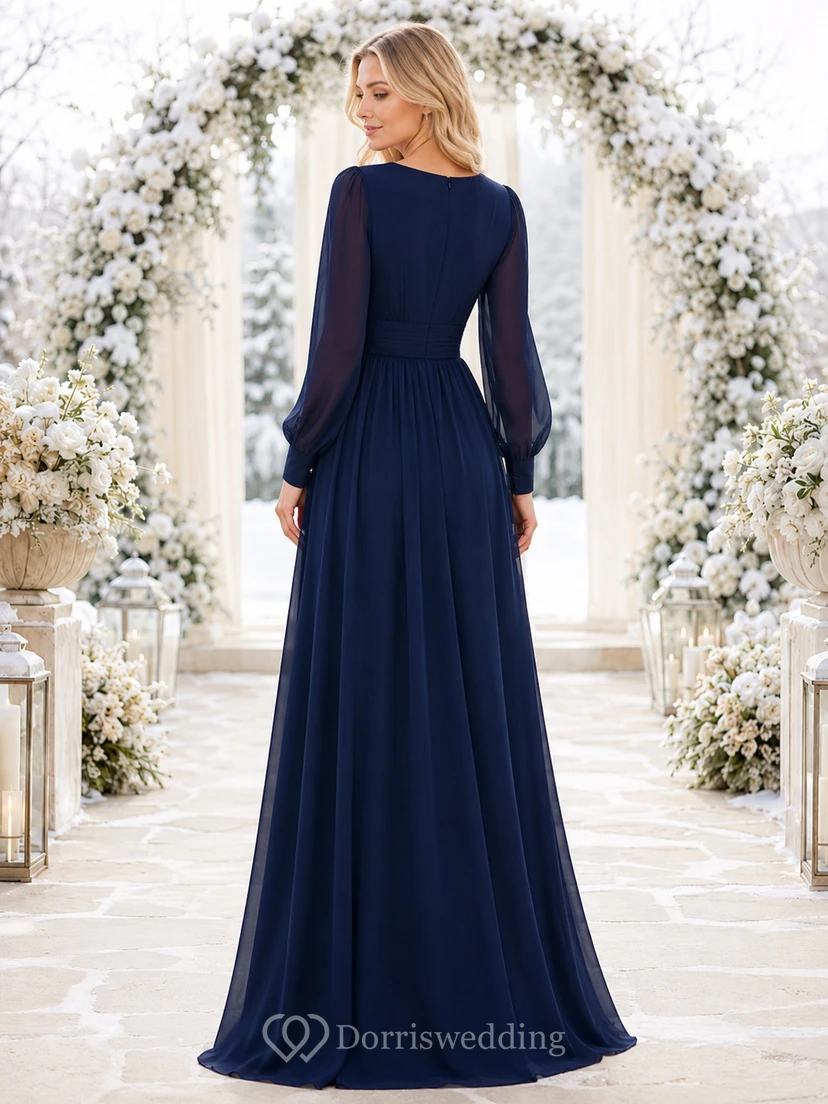 Dark navy V neck chiffon long sleeve winter bridesmaid dress view 2