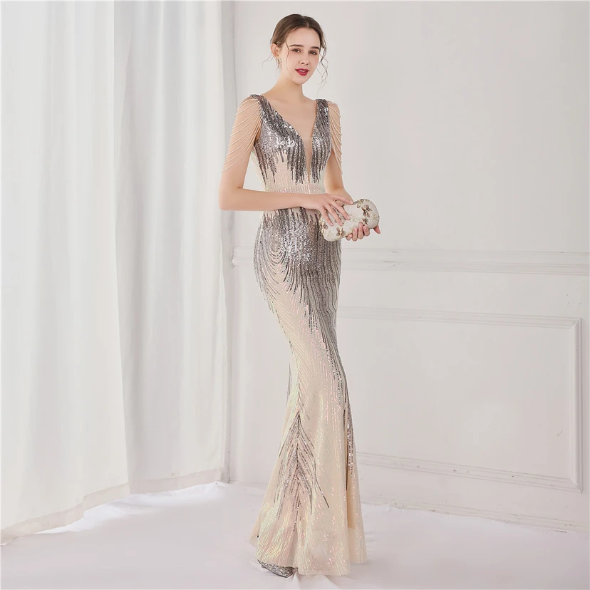 Vestido largo de lentejuelas con cola de pez, ideal para eventos, banquetes, eventos de celebridades y eventos de moda. Vestido de noche con etiqueta para modelos de automóviles. view 40