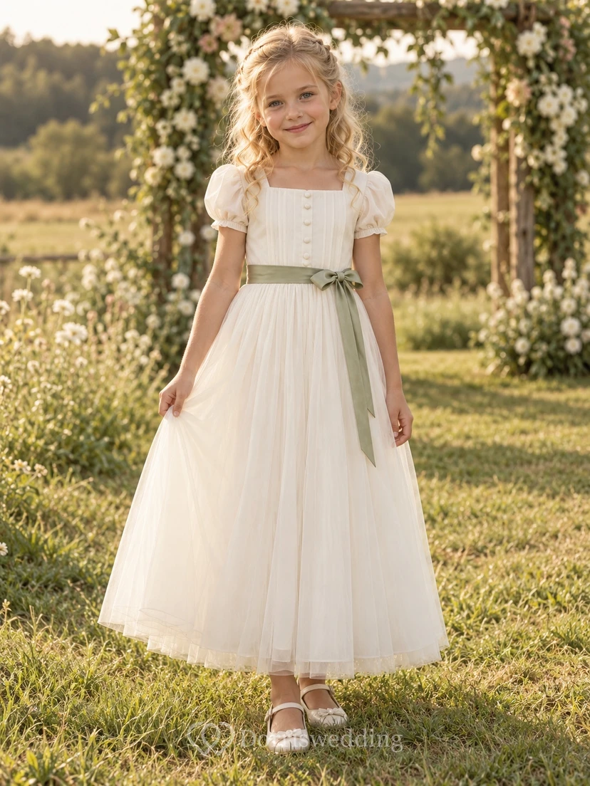 Square Neck Ivory A-line Tulle Ankle-length Puff-sleeve Green-sash Button-front Flower Girl Dress