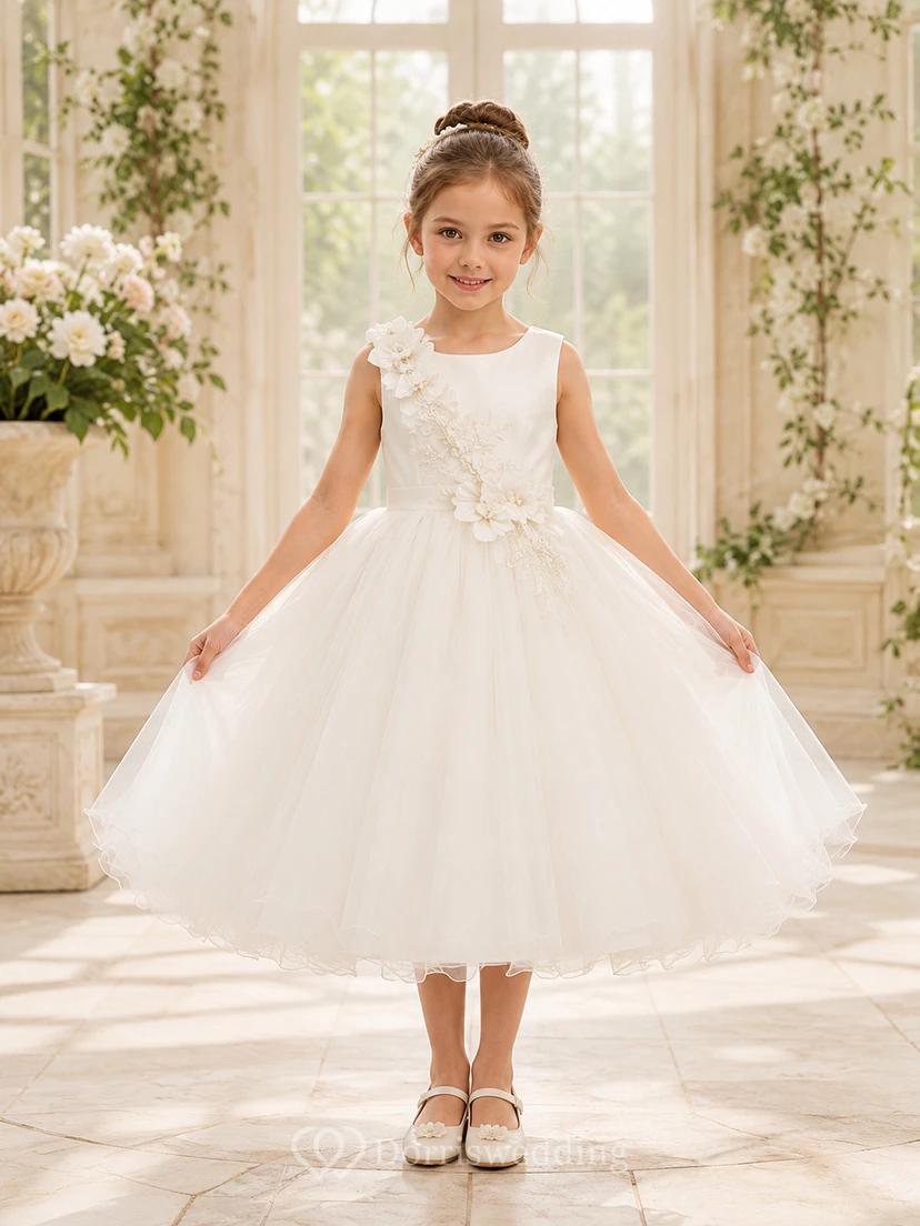 Bow Back Tulle A-Line Flower Girl Dress with Jewel Neck and Tea-Length Skirt