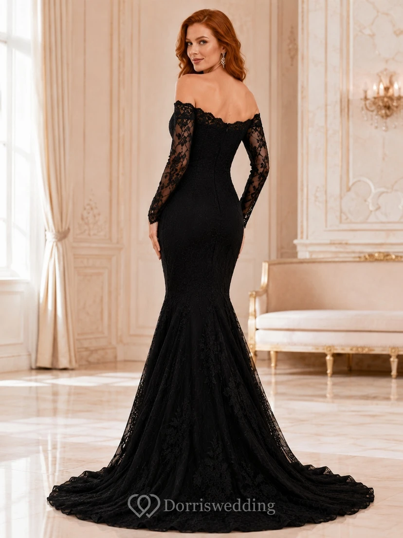 Black Off-the-shoulder Long Sleeve Lace Mermaid Floor-length Sweep Train Formal Dress view 2