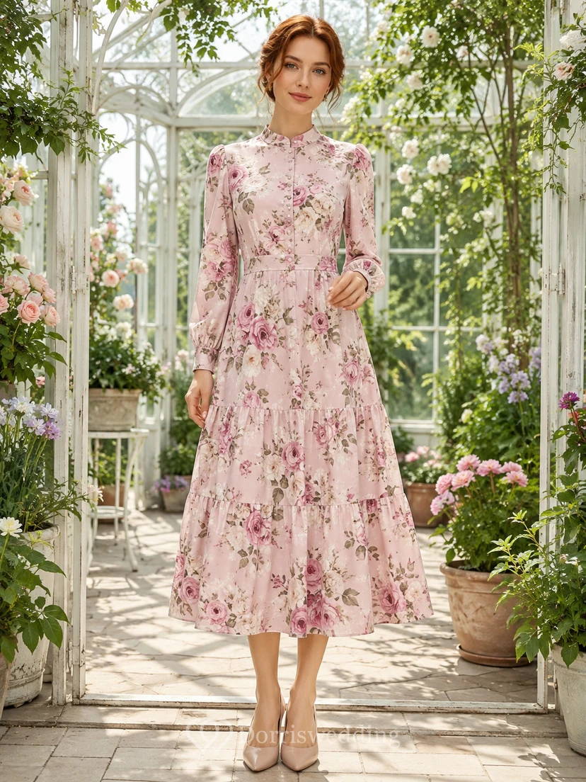 Robe midi modeste à col montant et manches longues rose à fleurs