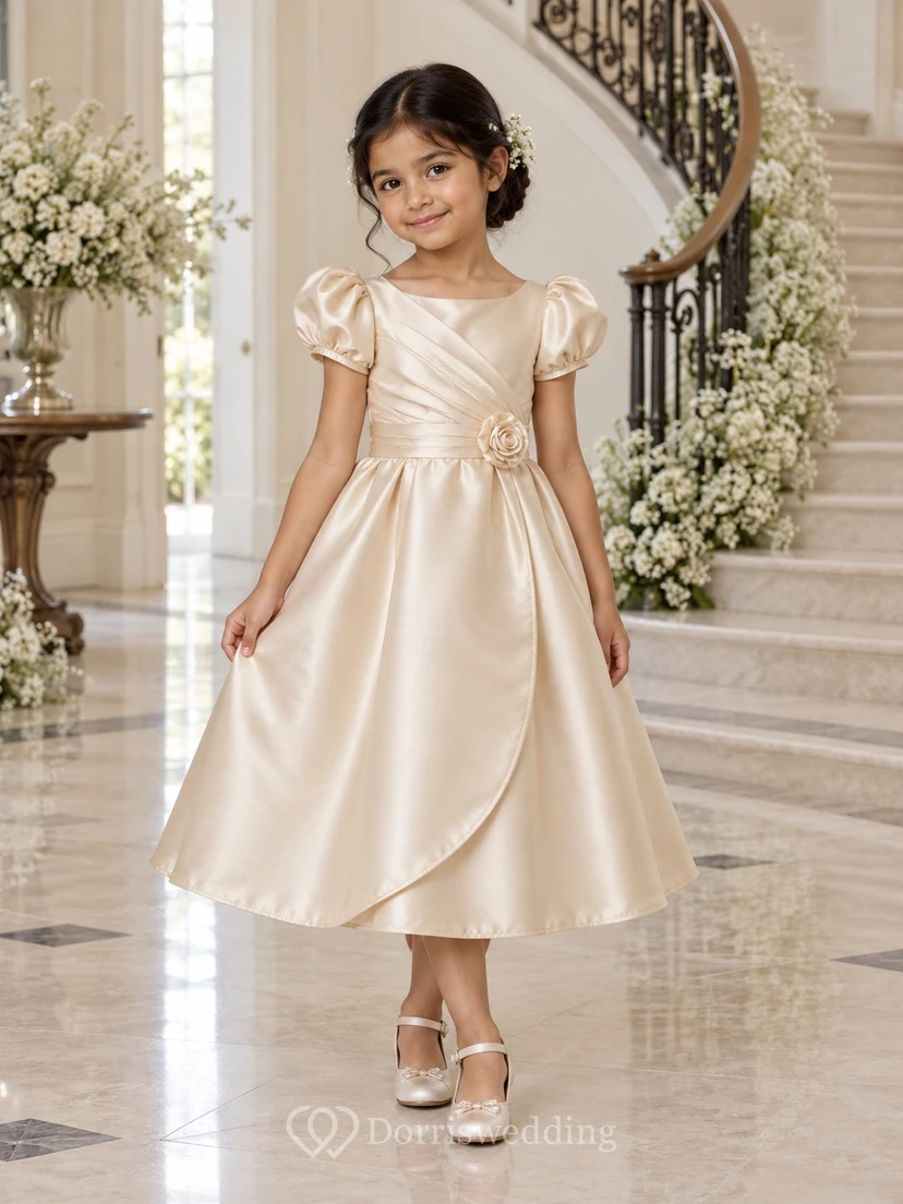 Teelanges champagnerfarbenes A-Linien-Kleid aus Satin mit Puffärmeln, plissiertem Oberteil und Rosetten-Taille – ein mehrlagiges Blumenmädchenkleid