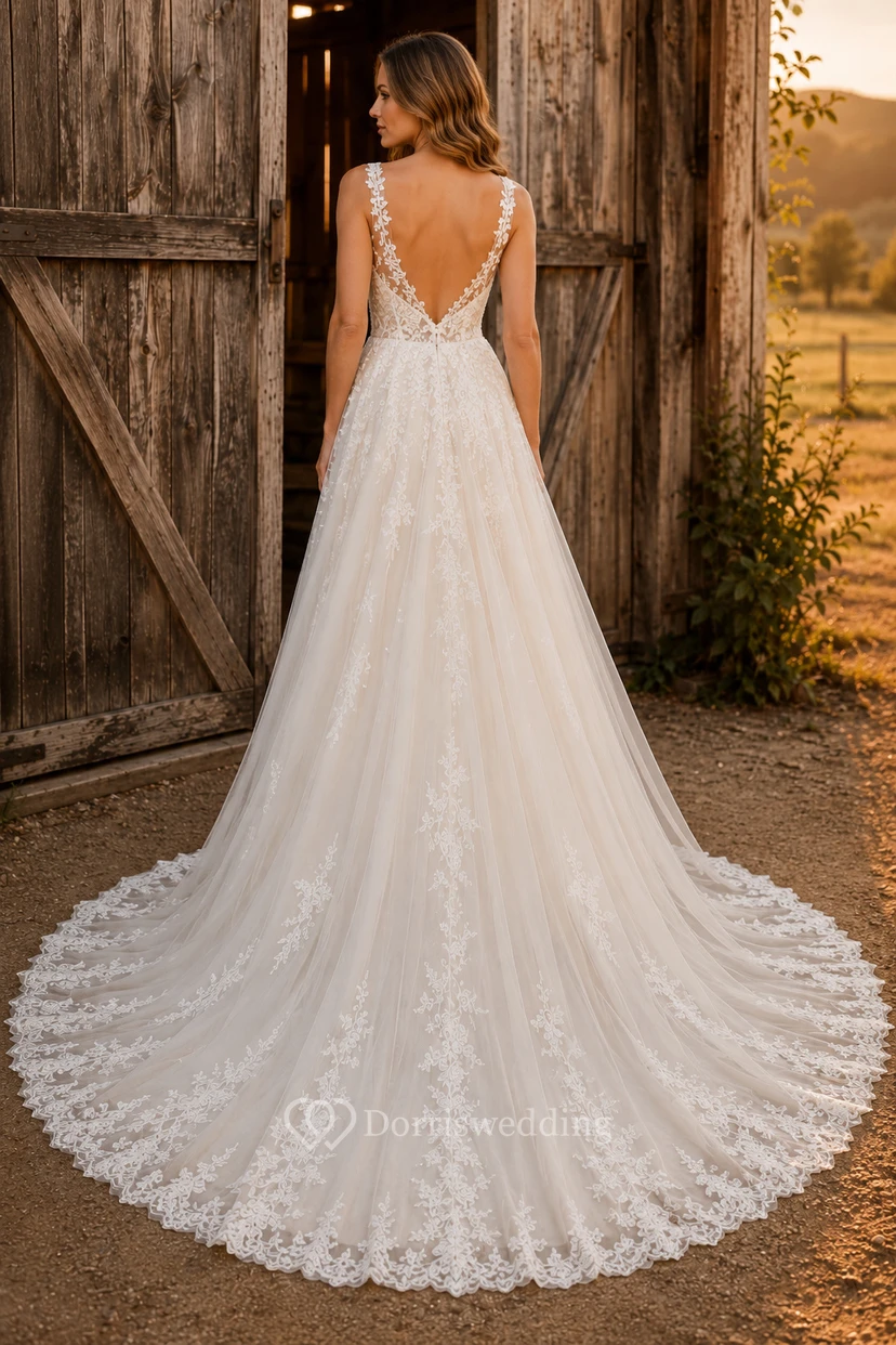 Rustic A-Line Tulle Wedding Dress with Lace Appliques view 2