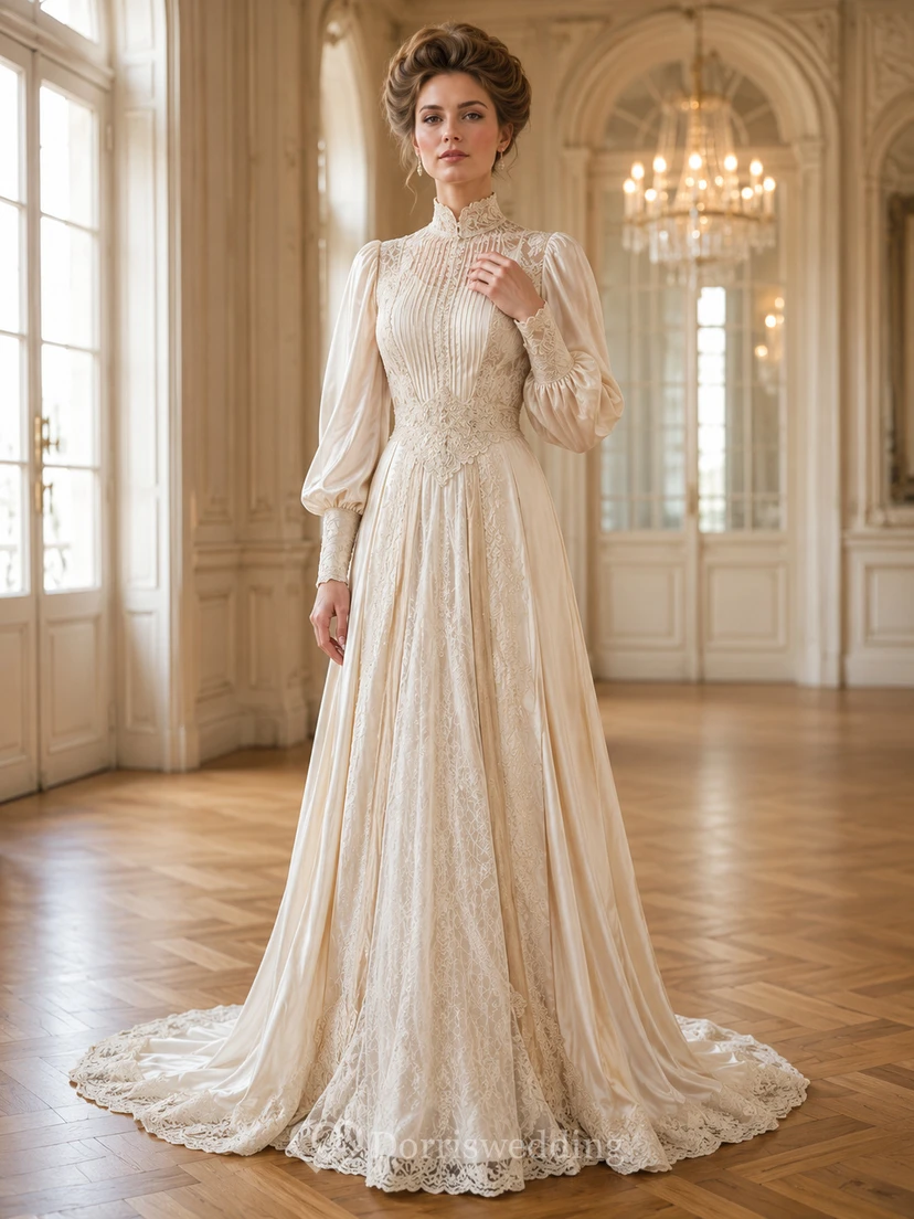 Robe de mariée édouardienne à col montant, manches bouffantes en dentelle, coupe trapèze et traîne chapelle