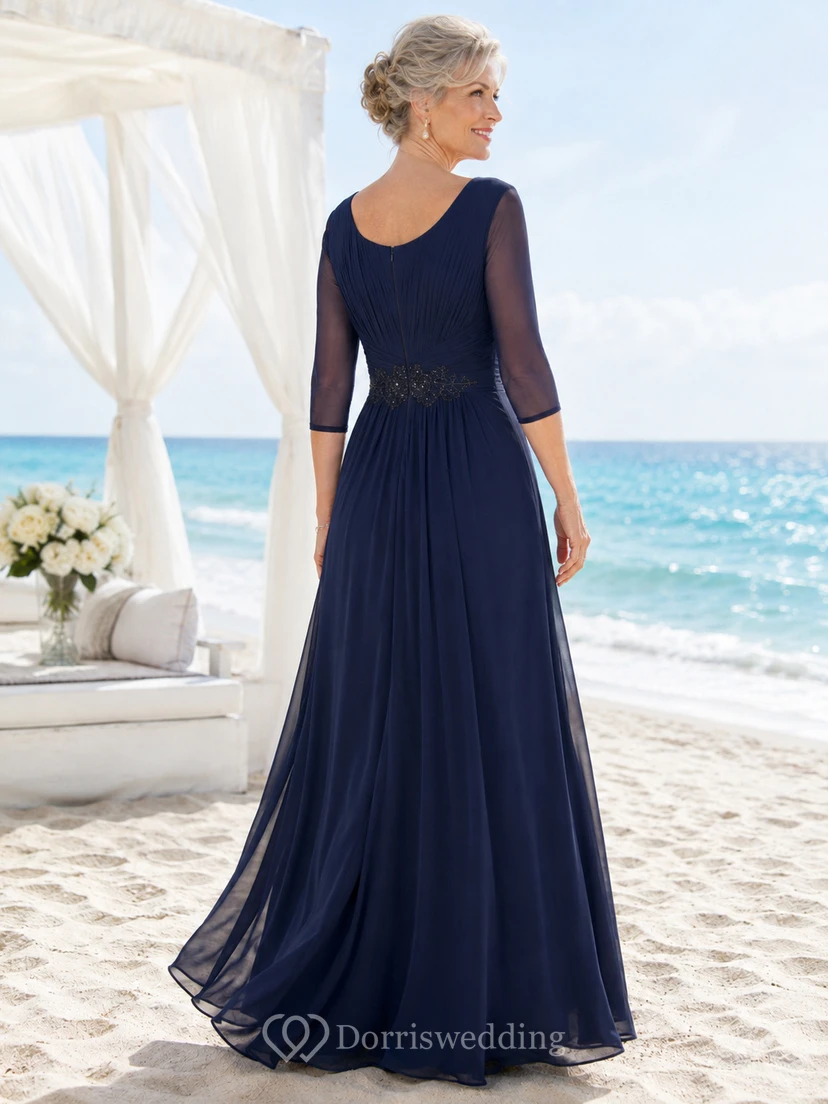 Marineblaues, transparentes Chiffon-Strandkleid mit Rundhalsausschnitt und Ärmeln – perfekt für Mütter view 2