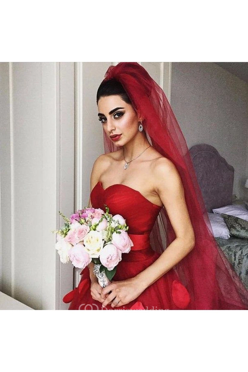 Newest Red Tulle Princess Wedding Dress Flowers Court Train view 4