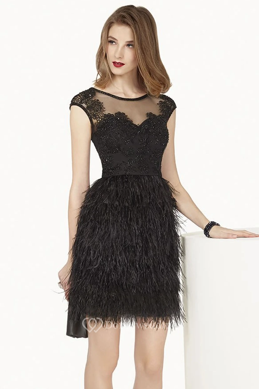 Jewel Neck Cap Sleeve Feather Mini Prom Dress With Appliques And Illusion Top