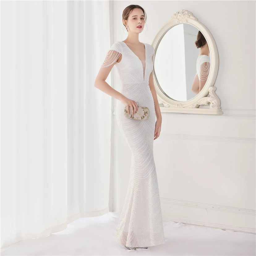 Paillettenbesetztes, handwerklich perfekt gefertigtes, perlenbesetztes Party-Abendkleid – sexy langes Kleid für die Braut view 50