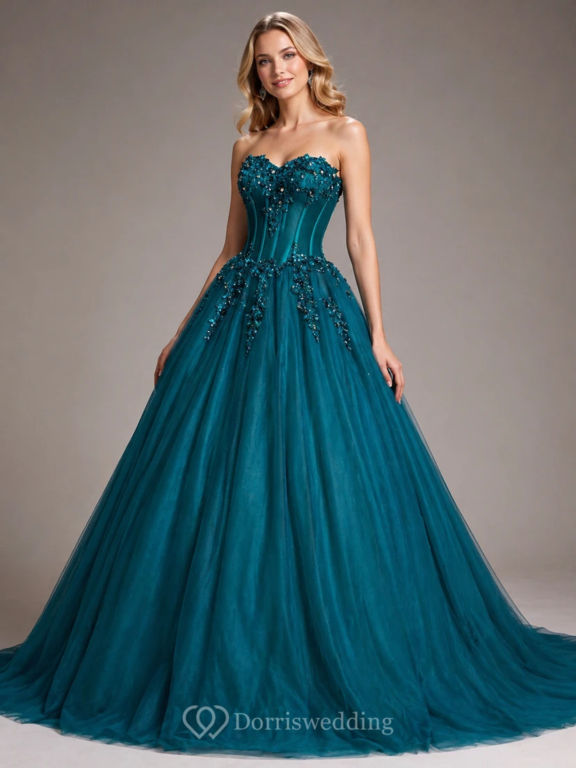 Luxuriöses, marineblaues, trägerloses Ballkleid mit Spitzenapplikationen für formelle Anlässe wie Abschlussball oder Gala view 8