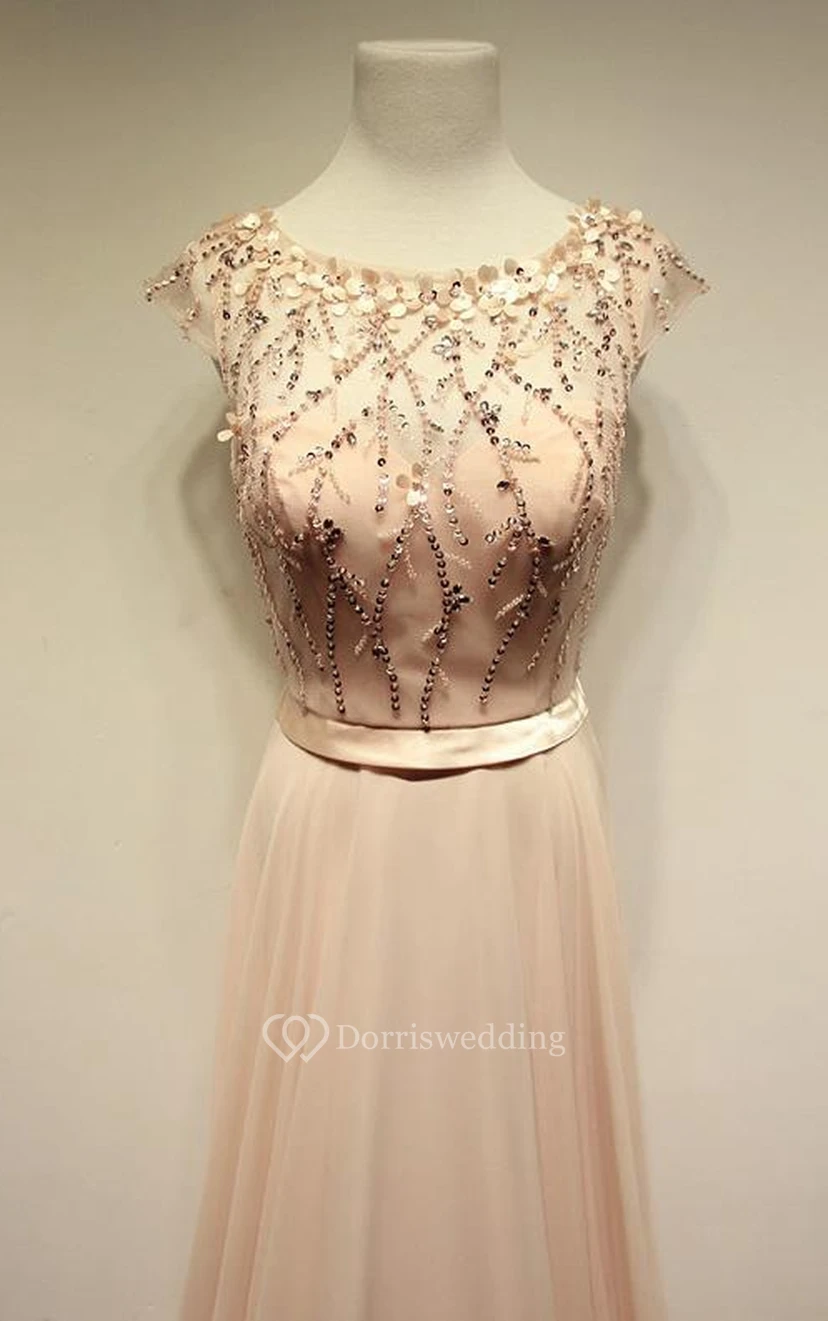 Cap-sleeved A-line Long Dress with Beadings and Pleats view 2