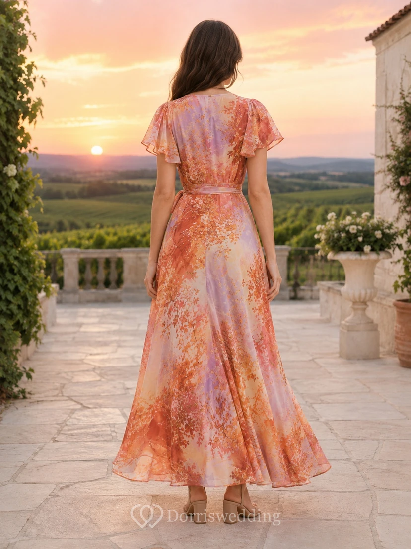 Robe bohème longue à manches papillon en mousseline corail à imprimé floral, style portefeuille, en mousseline, ornée de fleurs corail view 2
