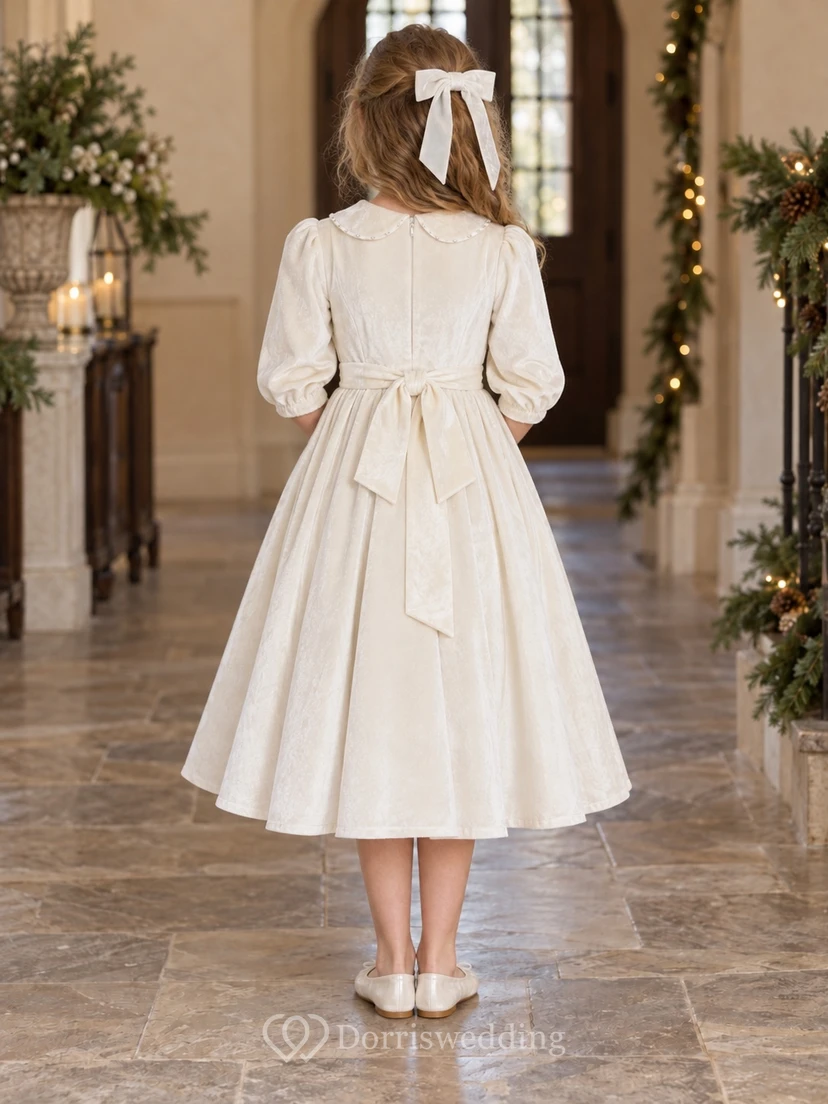 Ivory Velvet Puff Sleeve Scalloped Collar Sash Tea-length Flower Girl Dress view 2