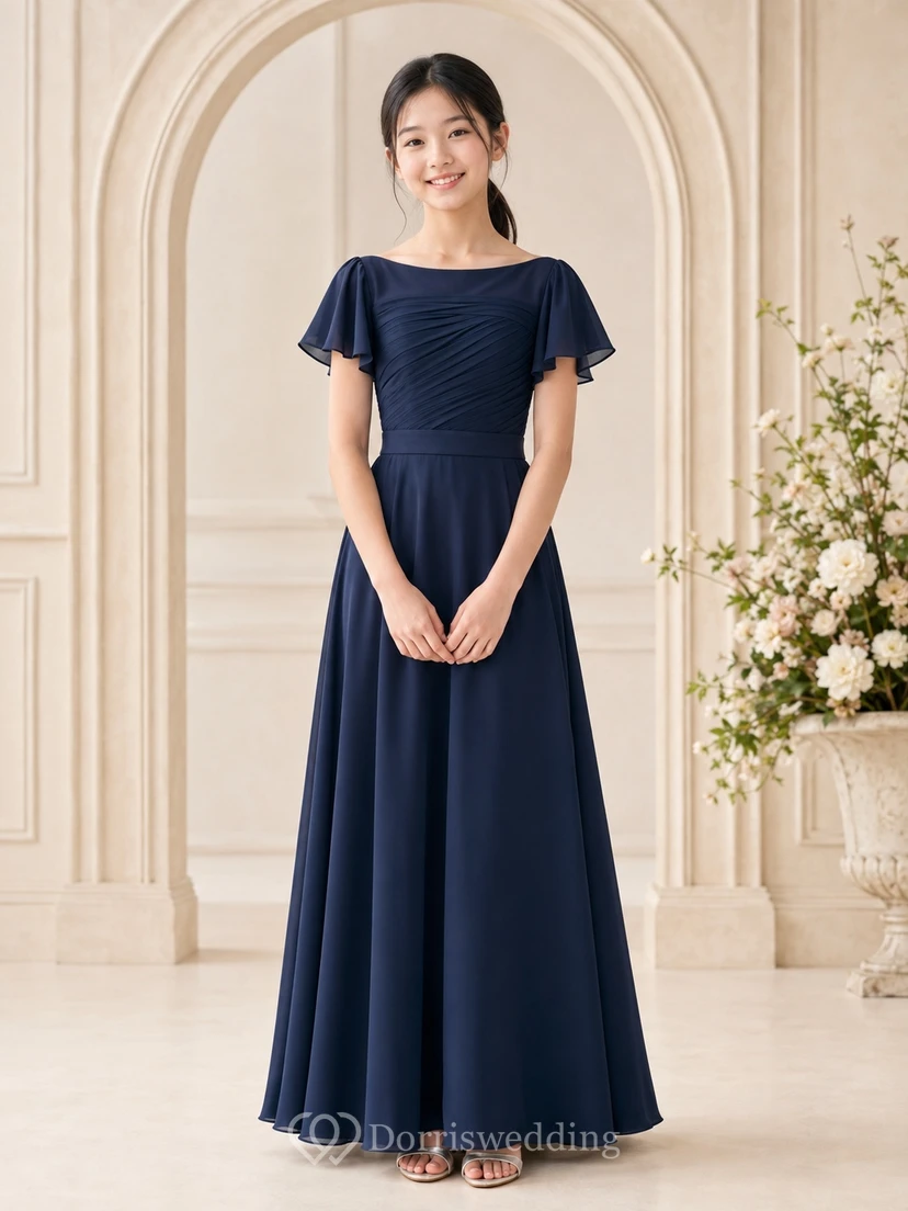 Dark Navy Junior Bridesmaid Dress A-Line Off-the-shoulder Short Sleeve Petal Ruched Romantic