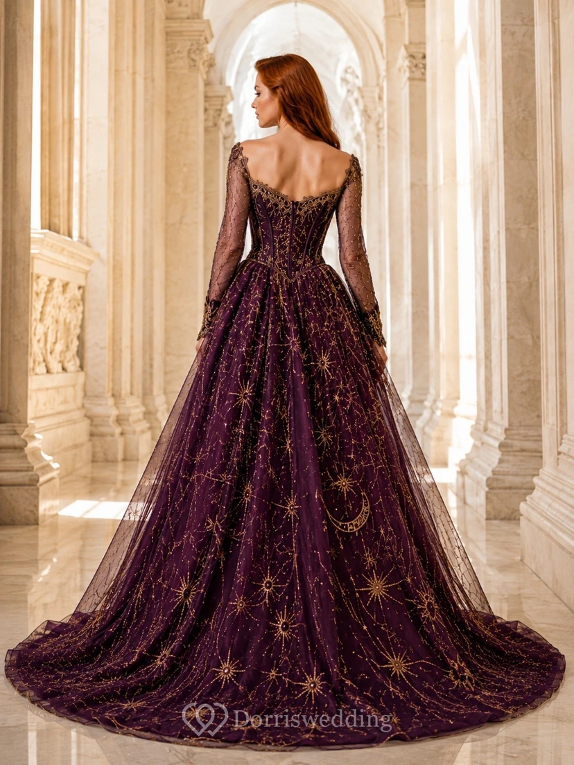 Burgundy Fantasy Tulle Long-Sleeve Lace Ball Gown Evening Dress view 2
