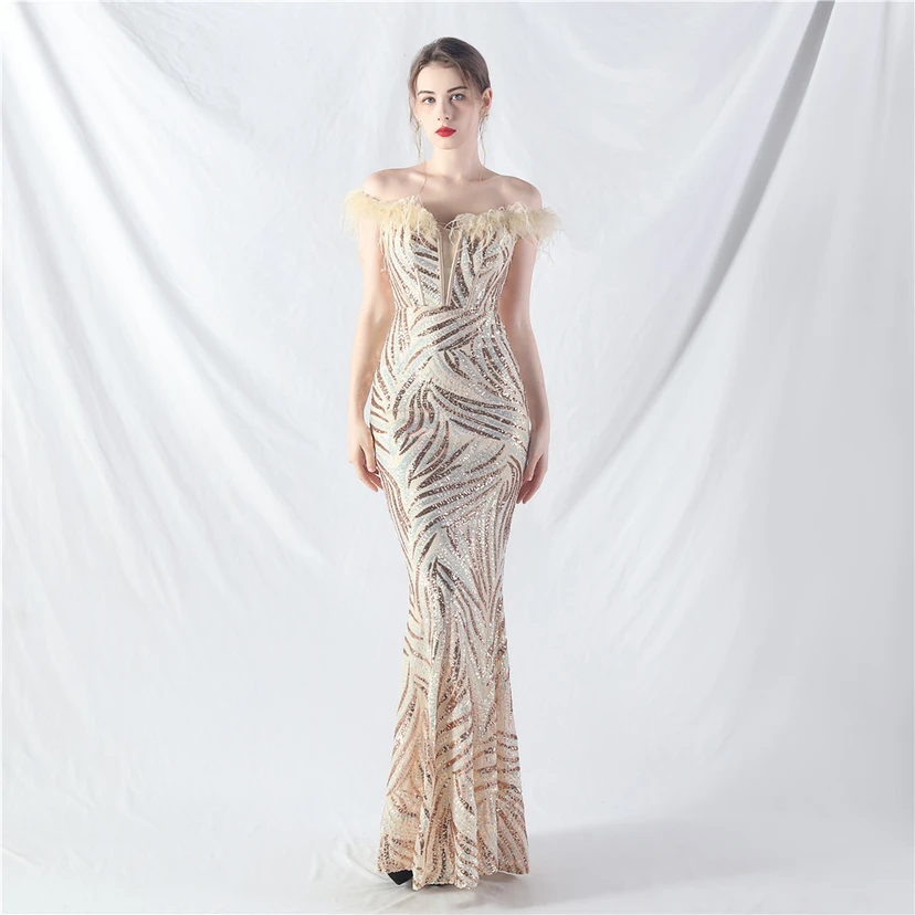 Robe de soirée haut de gamme à sequins, ornée d'un gilet à taille en arêtes de poisson et de plumes d'autruche. view 2