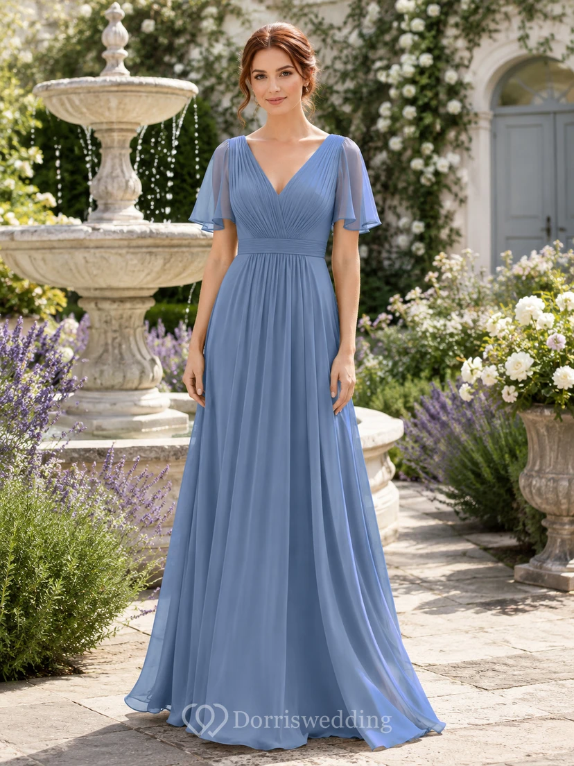 Steel Blue Outdoor Garden A-Line Chiffon Bridesmaid Dress with V-Neck Flutter Sleeve Bodice, Pleated Floor-Length Skirt and Low V Back