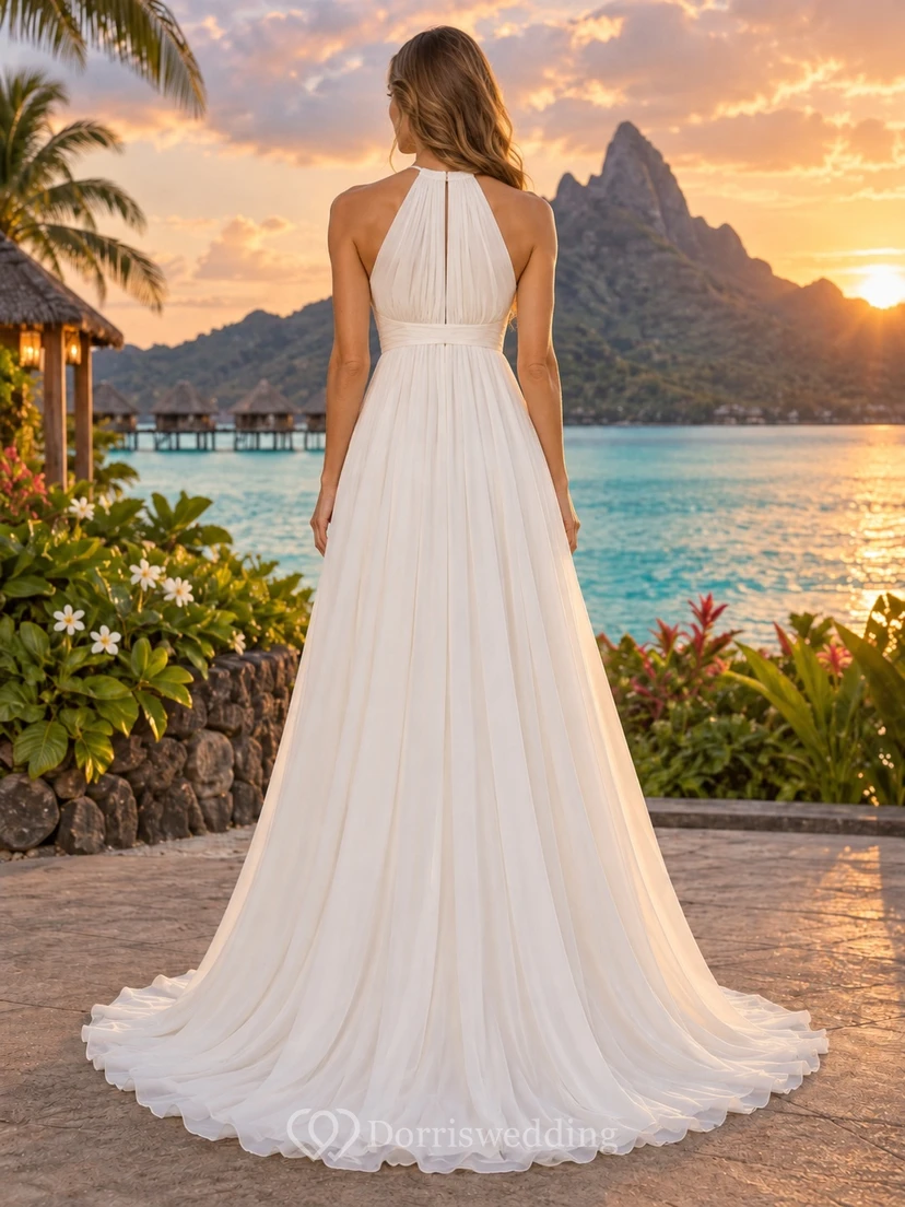 Einfaches, trägerloses, hochgeschlossenes, lockeres A-Linien-Kleid in Bodenlänge für Strandhochzeiten view 2