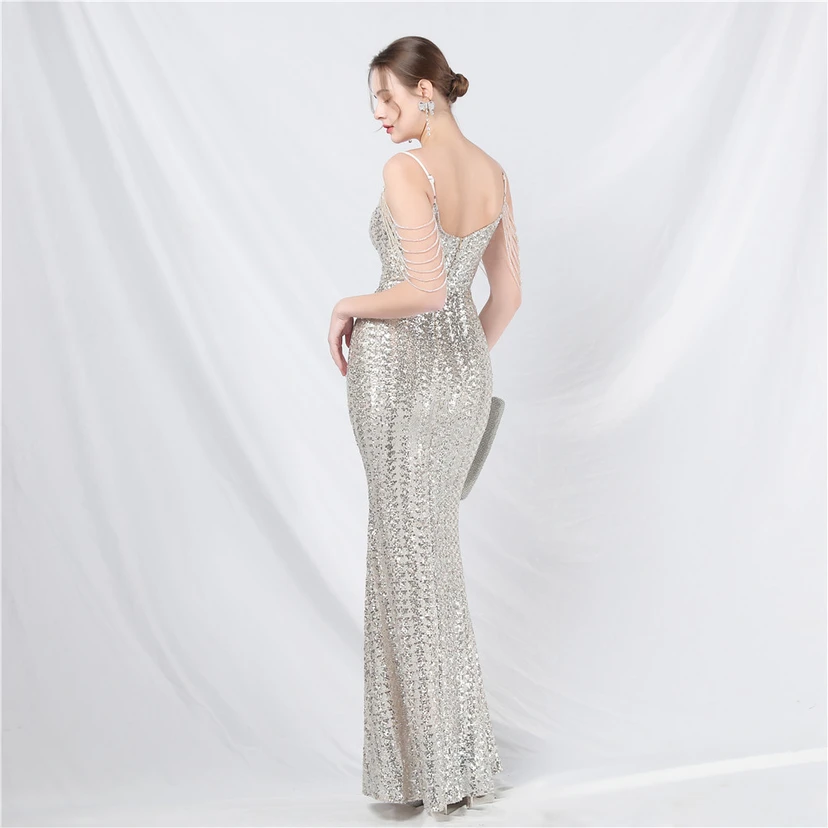 Robe de soirée longue à sequins et perles fantaisie view 6