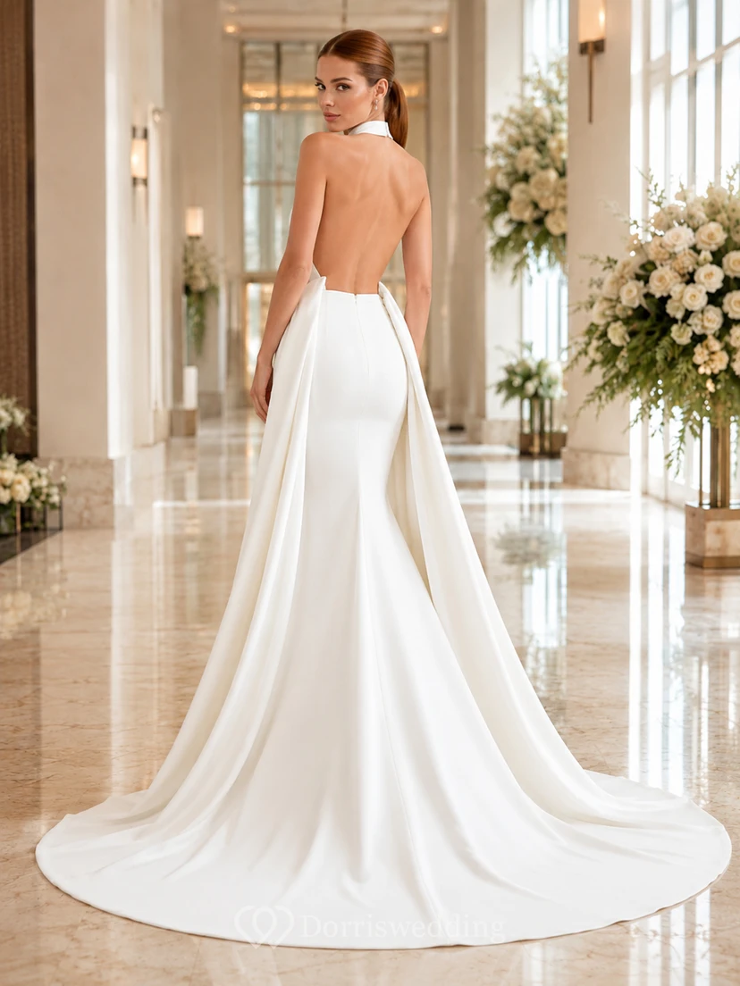 Satin Wedding Dress Sheath Halter Sleeveless Chapel Train Open Back Bridal Gown view 2