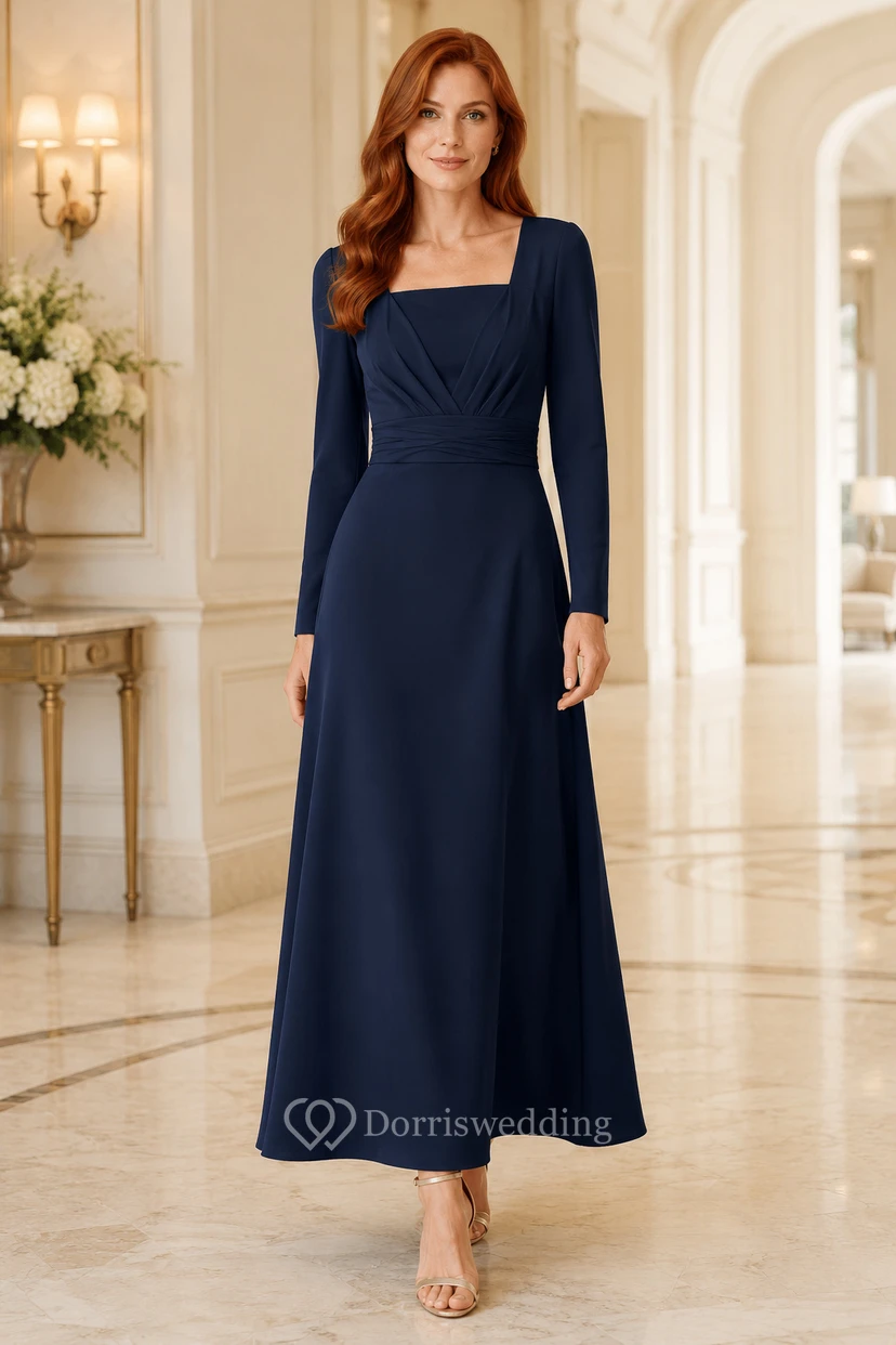 Vestido azul marino oscuro de manga larga y cuello cuadrado hasta la rodilla