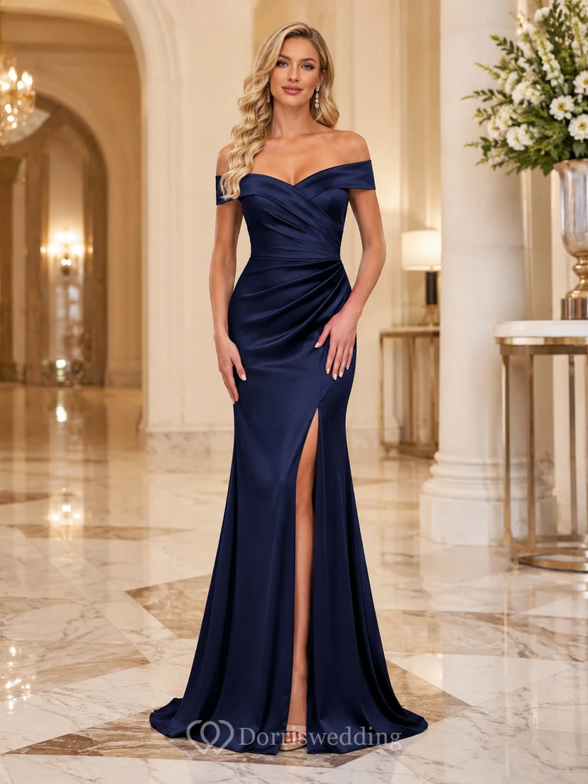 Dunkelblaues, schulterfreies Meerjungfrauen-Abendkleid mit Schlitz