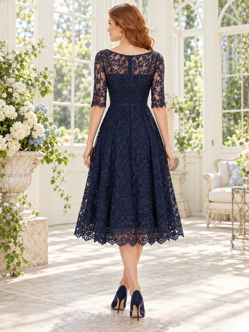 Tea-length Navy Bateau Half Sleeve Floral Lace Wedding Guest Dress view 2