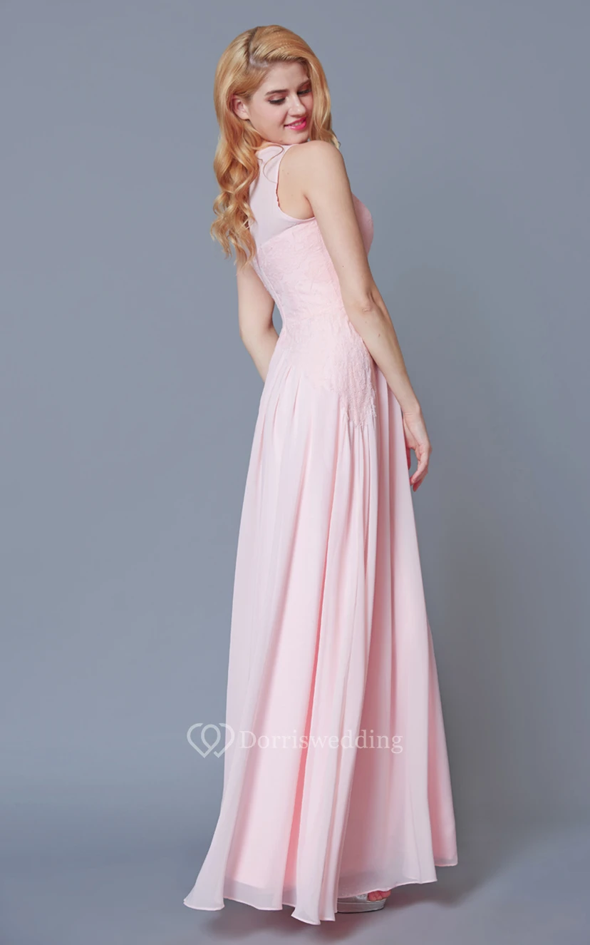 Sleeveless Scoop Neck A-line Chiffon Dress With Lace Detailing view 4