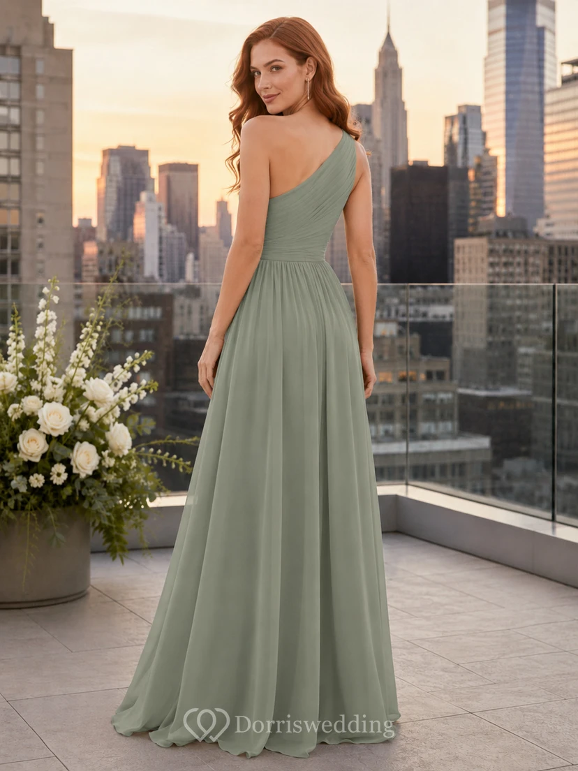Upscale City Evening Sage Simple Elegant A-Line Chiffon Bridesmaid Dress with One-Shoulder Sleeveless Floor-Length Slit Skirt Pleated Open Back view 2