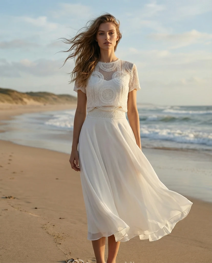 Robe de mariée deux pièces en mousseline de soie mi-longue video preview