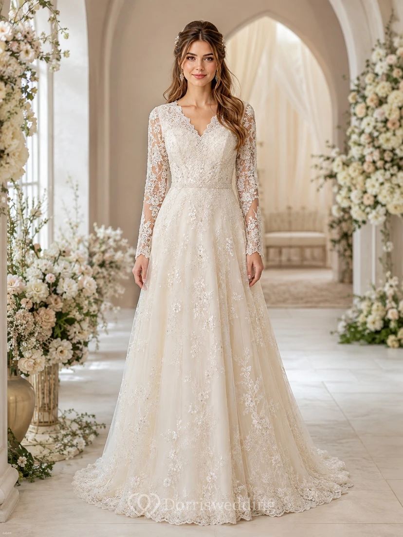 Floral Lace Long Sleeve A-Line V-Neck Floor Length Modest Bridal Ceremony Dress