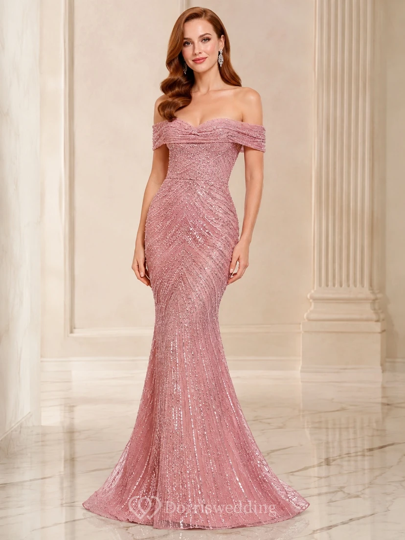 Dusty Rose Sequined Off-the-shoulder Mermaid Floor-length Luxury Evening Gown