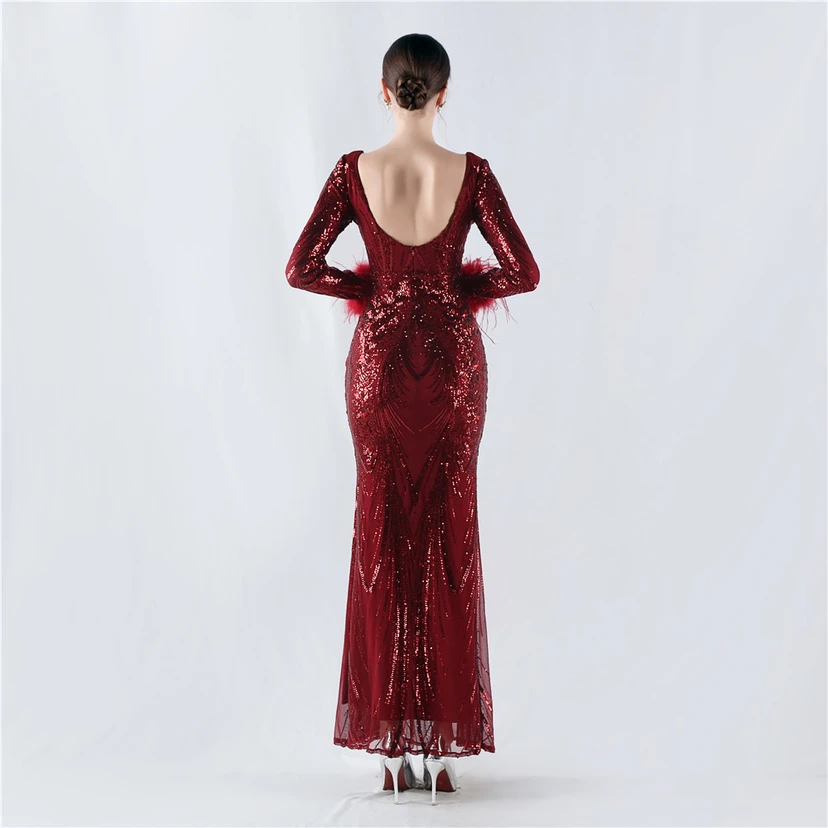 Robe de soirée haut de gamme ornée de perles florales fixes et de poils d'autruche, hôte de la réunion annuelle d'hiver view 15