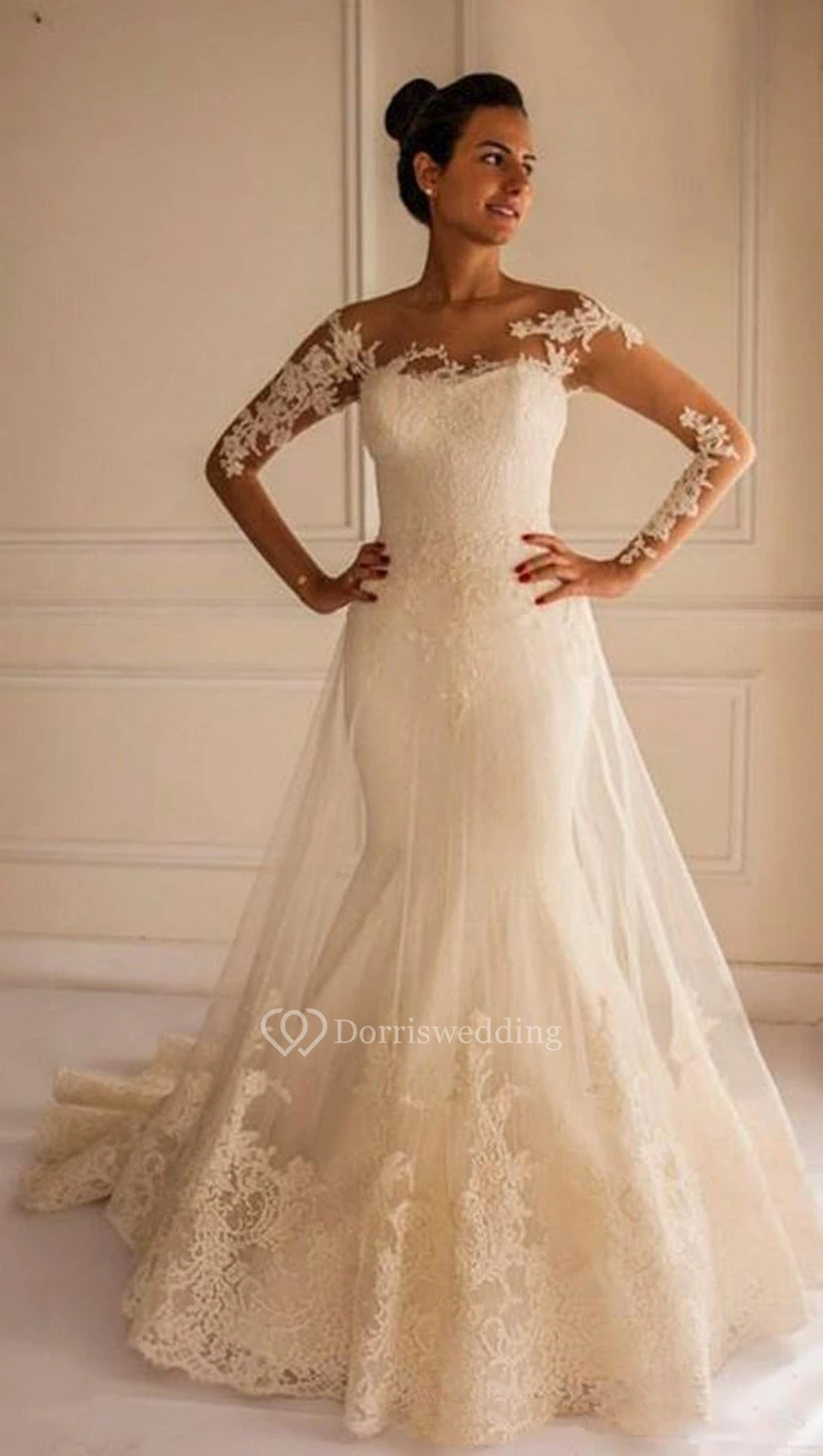 Elegantes Meerjungfrauen-Brautkleid aus Tüll mit Spitzenapplikationen, langen Ärmeln und Hofschleppe
