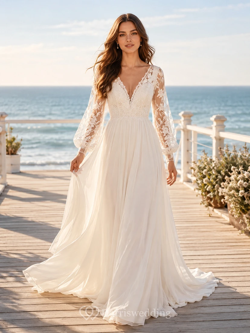 Robe de mariée de plage en mousseline fluide, col en V, manches cloche longues en dentelle, coupe trapèze, col A, manches longues en dentelle.