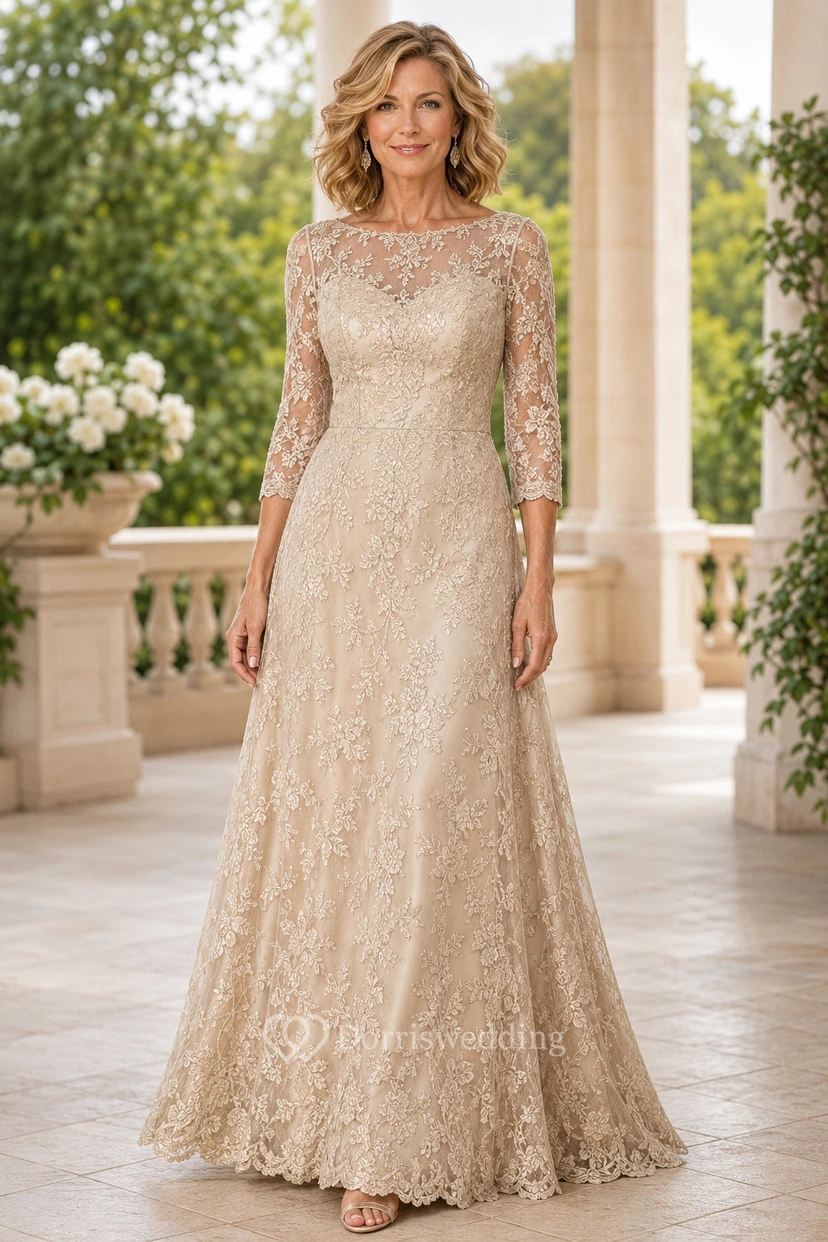 MOB Dress Champagne Lace Sequin A-Line 3/4 Sleeve Bateau Neck Floor Length Beaded