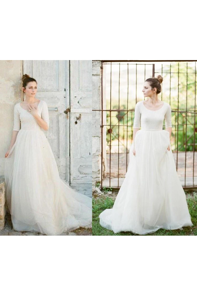 Schlichtes A-Linien-Brautkleid mit Rundhalsausschnitt, halblangen Ärmeln, rückenfreiem Tüllrock und Ärmeln view 4