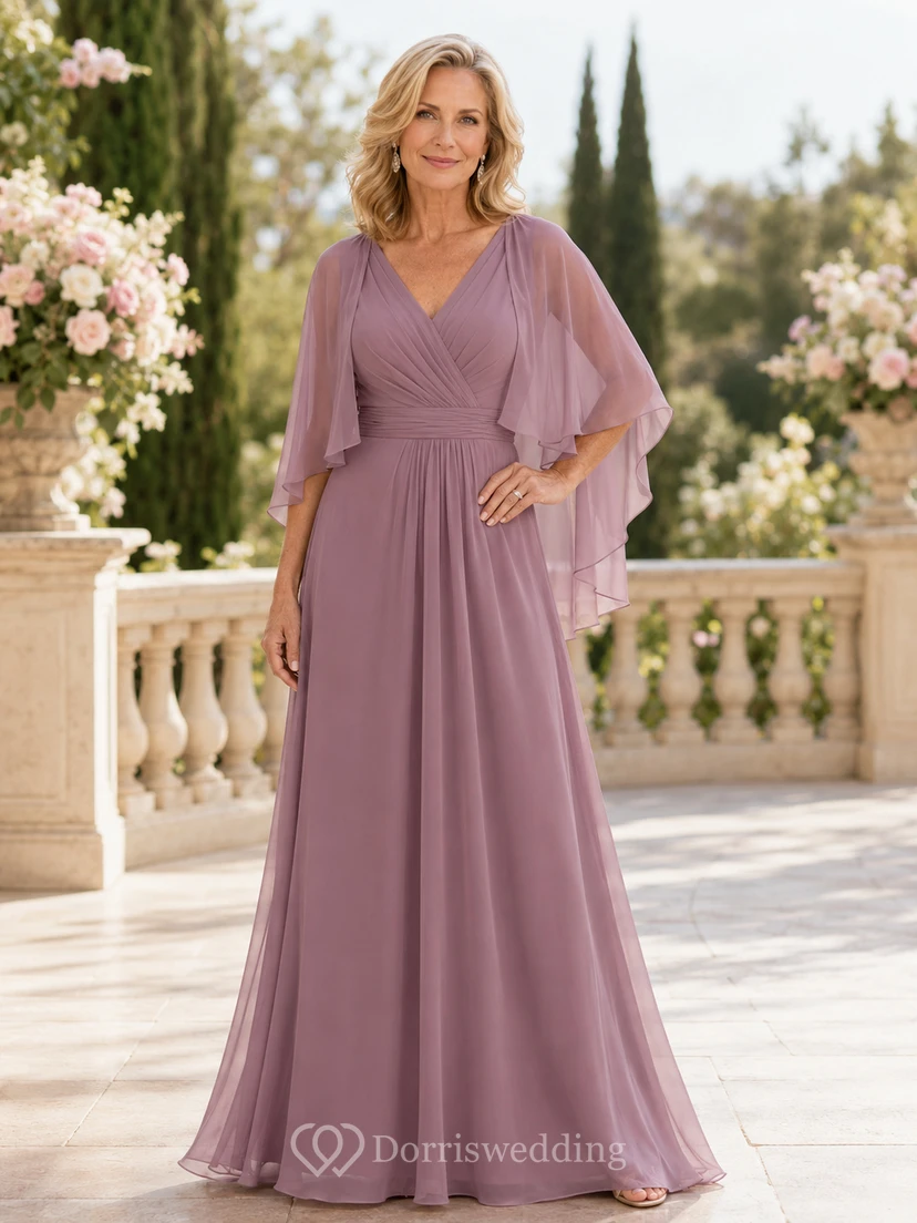 Vintage-Brautmutterkleid in Mauve mit romantischem V-Ausschnitt, transparentem Cape, geraffter Taille und bodenlangem Chiffonrock