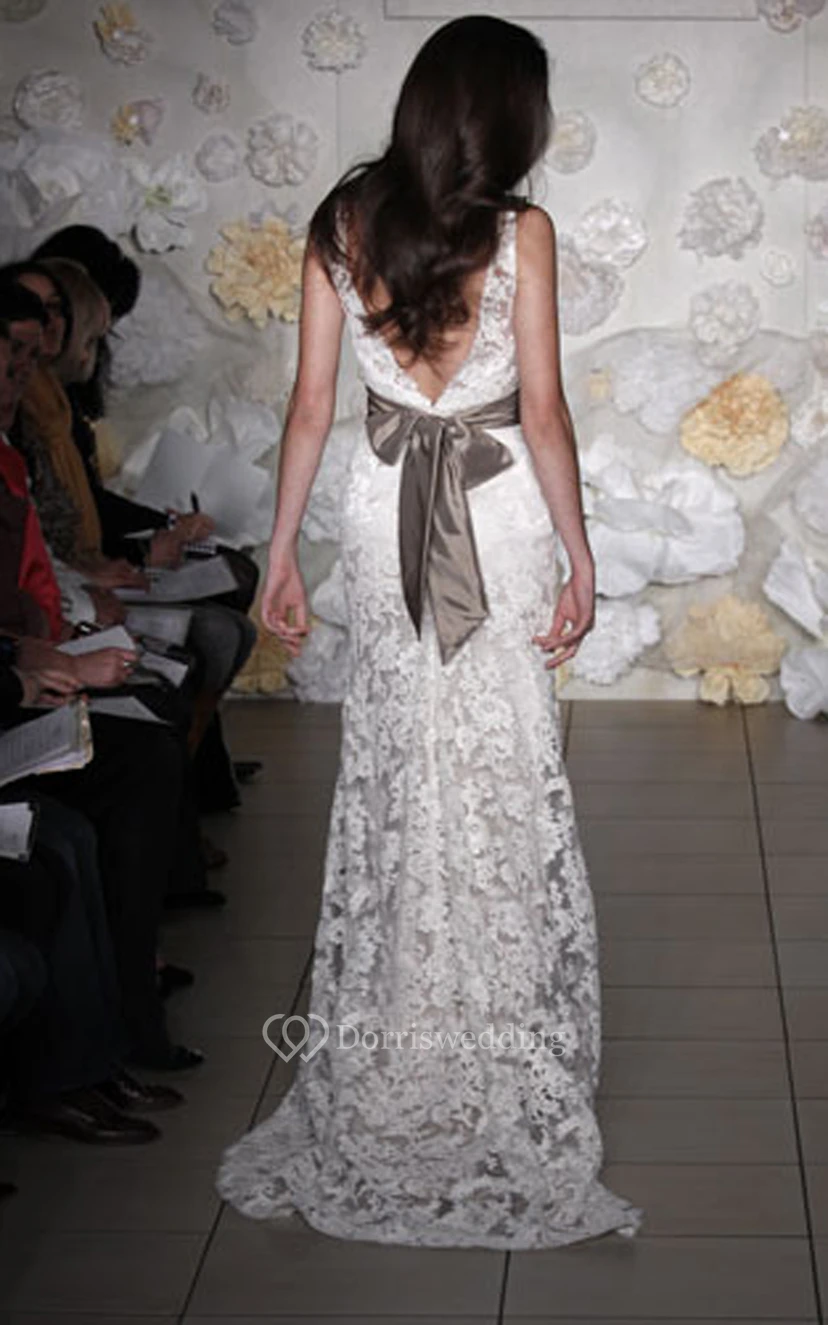 Fantastic Sleeveless Lace Over Charmeuse Bridal Dress With V Back view 2