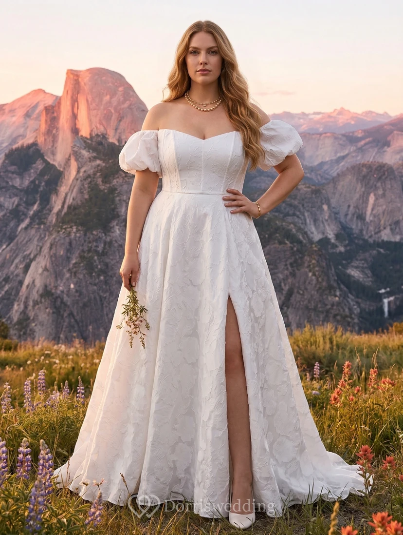 Plus Size Off Shoulder Puff Sleeve Jacquard A-Line Wedding Dress with Slit