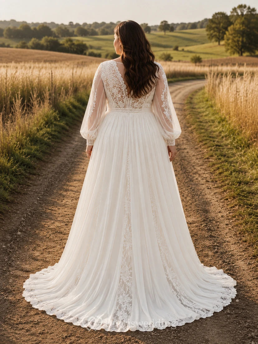 Vestido de novia campestre de gasa y encaje, corte en A, escote en V, manga larga, cola larga, espalda baja en V. view 2