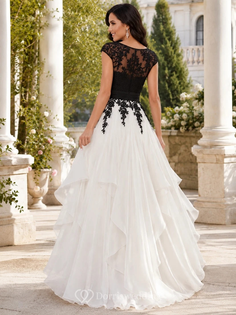 Romantic Black White Tulle A-Line Floor-Length Jewel Neck Cap Sleeve Formal Dress view 2