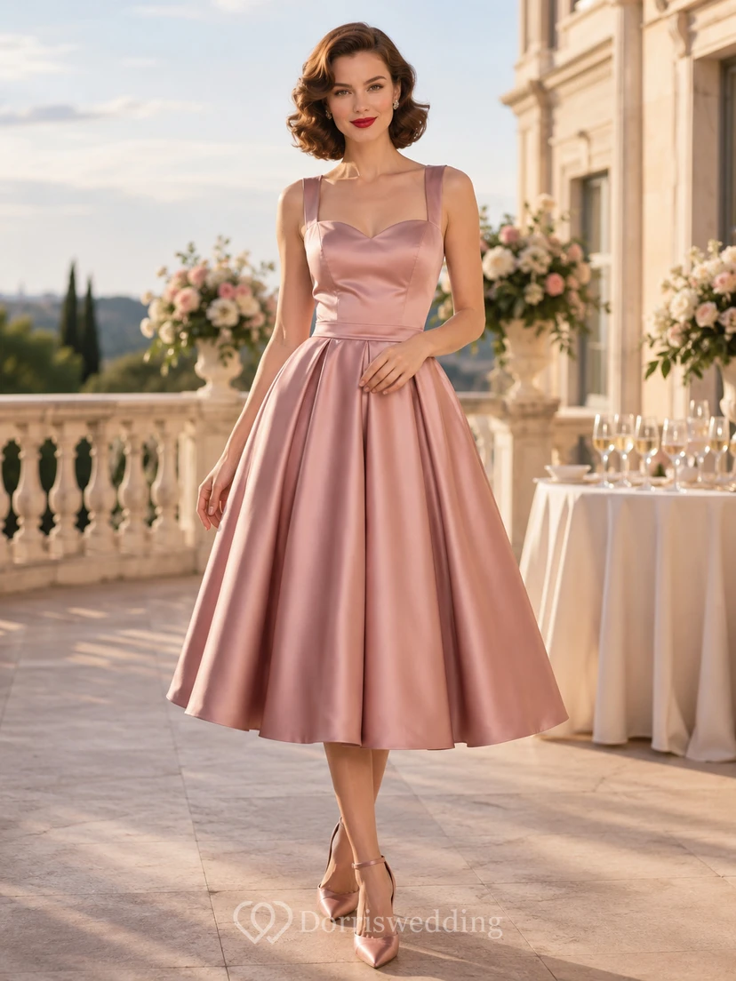 Rosafarbenes A-Linien-Cocktailkleid aus Satin mit Spaghettiträgern in Teelänge