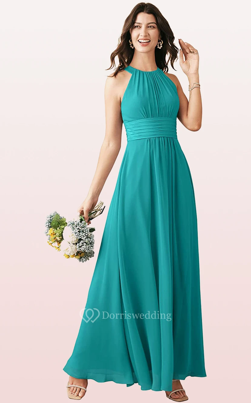Halter A Line Sleeveless Ankle-length Chiffon Bridesmaid Dress With Ruching view 11
