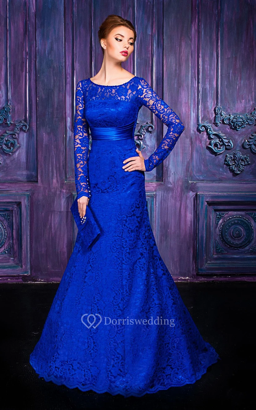 A-line Floor-length Jewel Long Sleeve Lace Keyhole Dress