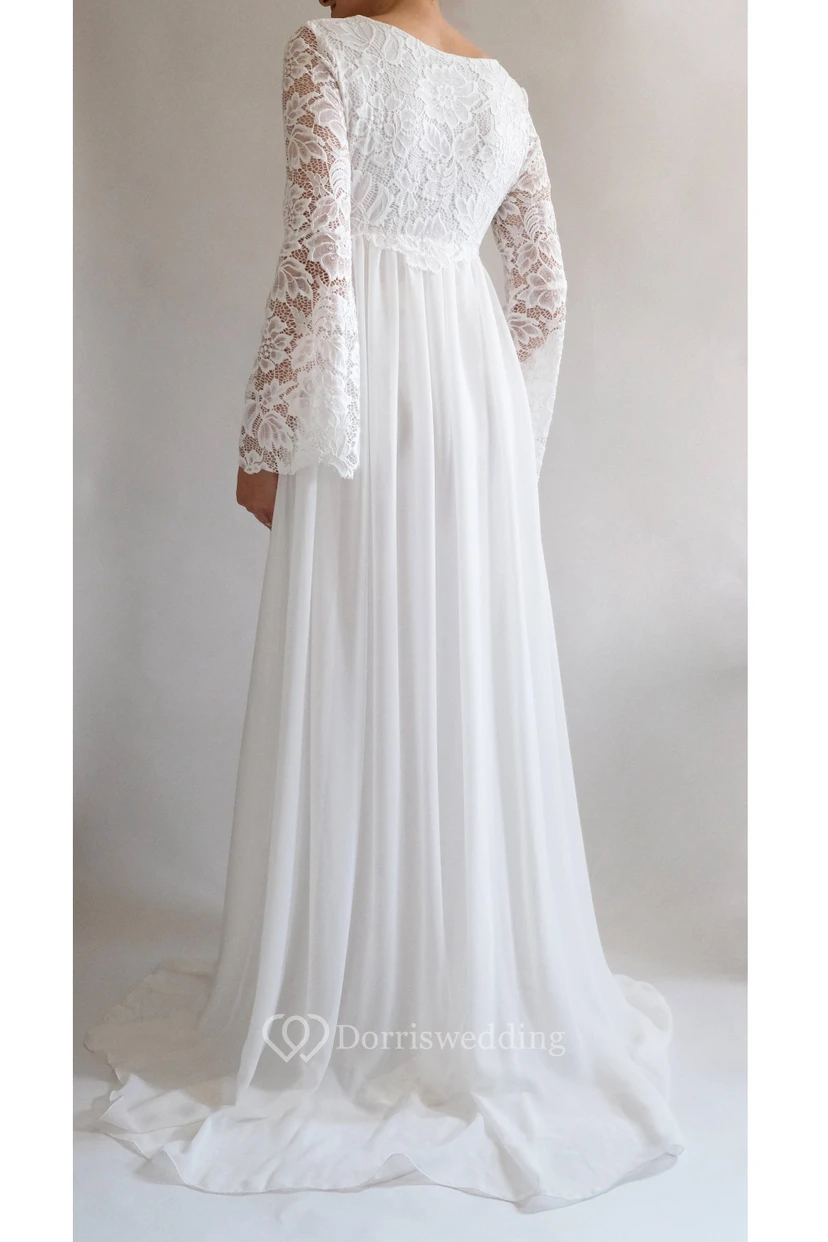 Robe de mariée empire en mousseline, manches longues, style simple/décontracté, taille haute et traîne. view 2