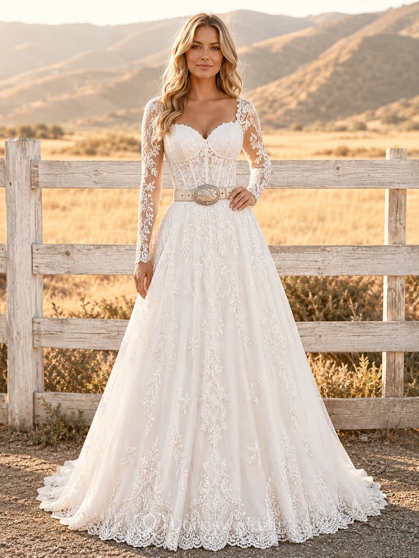 Robe de mariée style western, col en V, manches longues en dentelle, corset, coupe trapèze, traîne courte